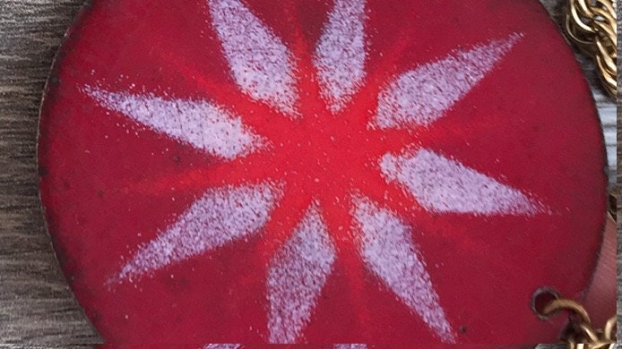 Unique mid century modern vintage enamel on copper necklace - red