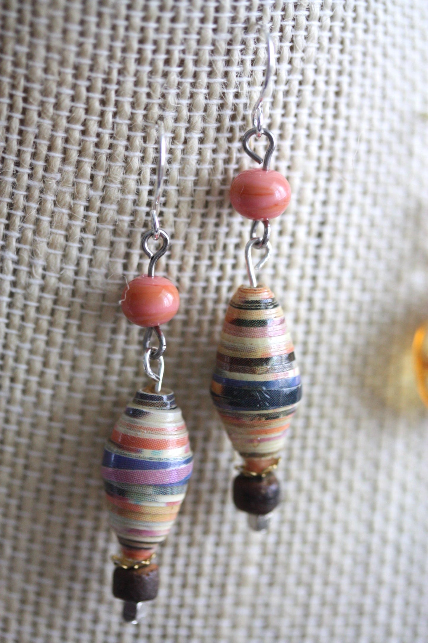 Oval rolled paper with coral glass - handmade dangle earrings - 2" long