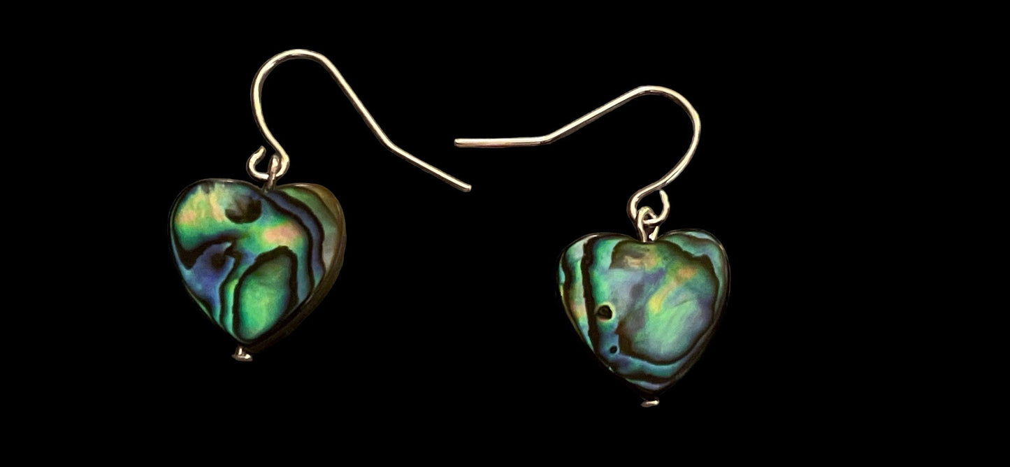 Heart shaped abalone shell dangle earrings