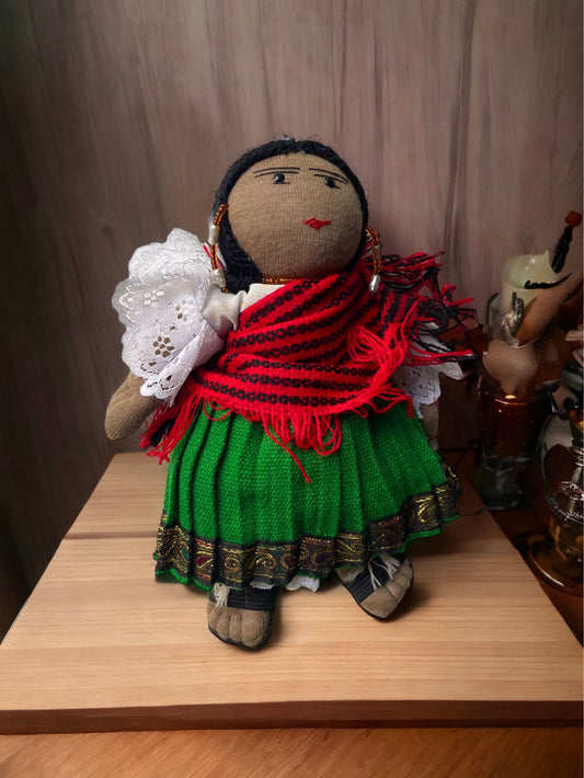 Stunning vintage Mexican? girl doll with braids, sandals and traditional clothing