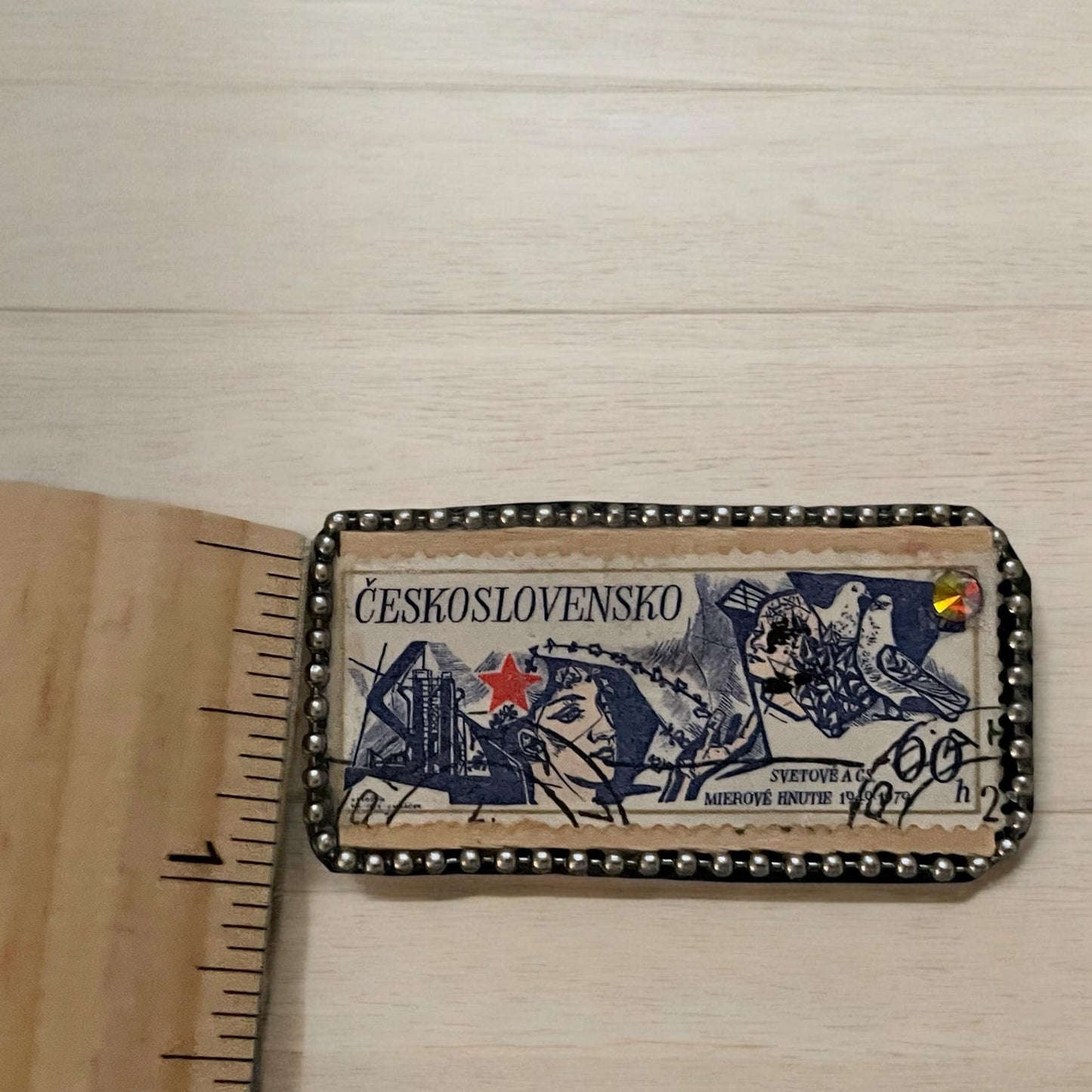 Pin or necklace pendant hand made from genuine vintage and antique postage stamps from around the world - Ceskoslovensko