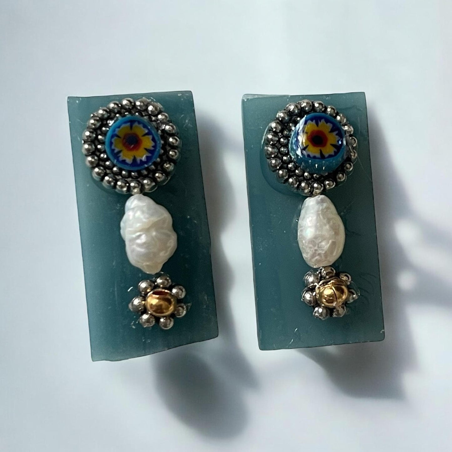 Unique stained glass earrings with Italian millefiori and pearls - stud or dangle earrings
