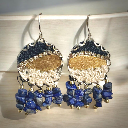 Ocean inspired dangle earrings with Lapis Lazuli, denim, rhinestones, crocheted vintage lace, textured gold findings and sterling ear wires.