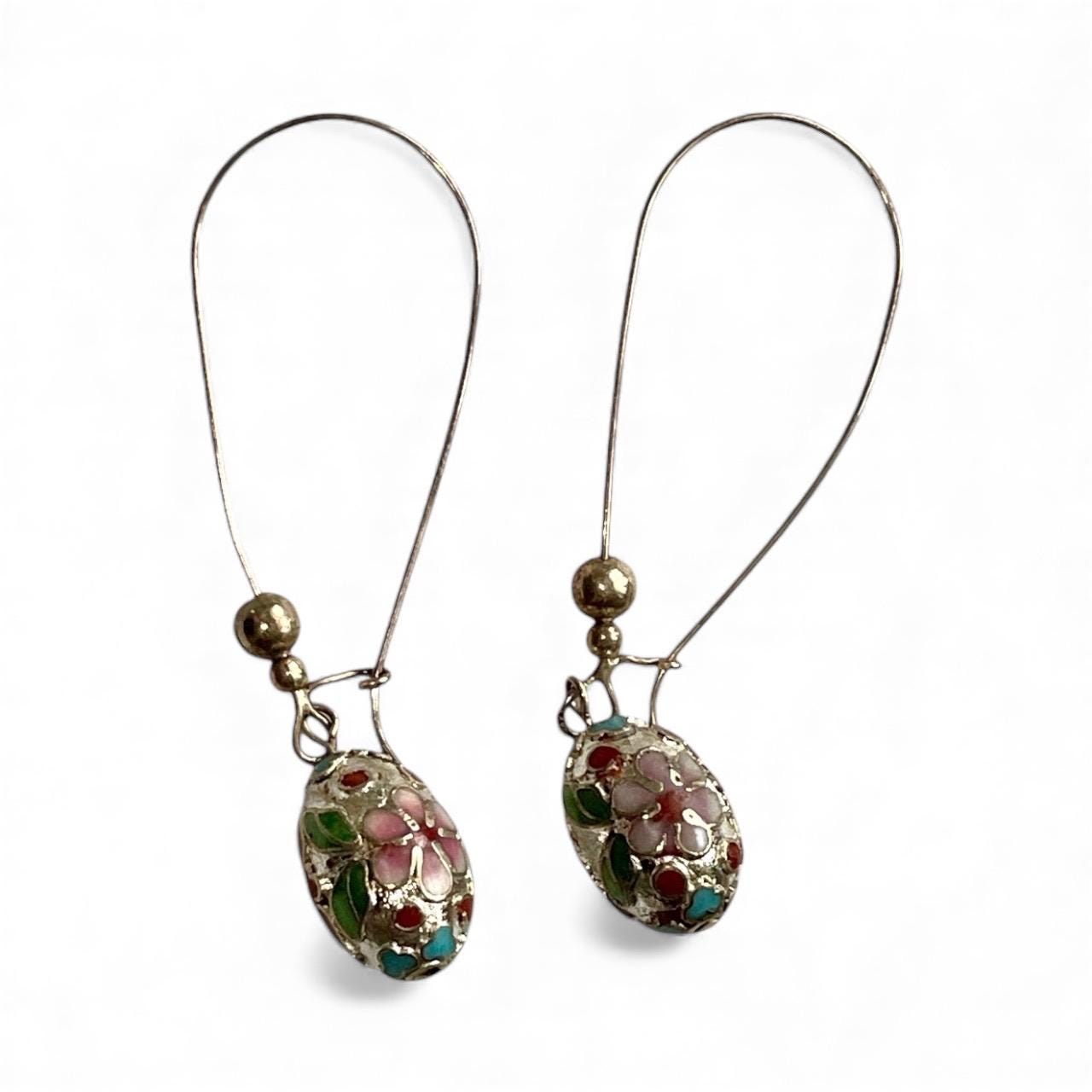 Vintage Cloisonné Floral Dangle Earrings, Enamel Oval Drop Jewelry