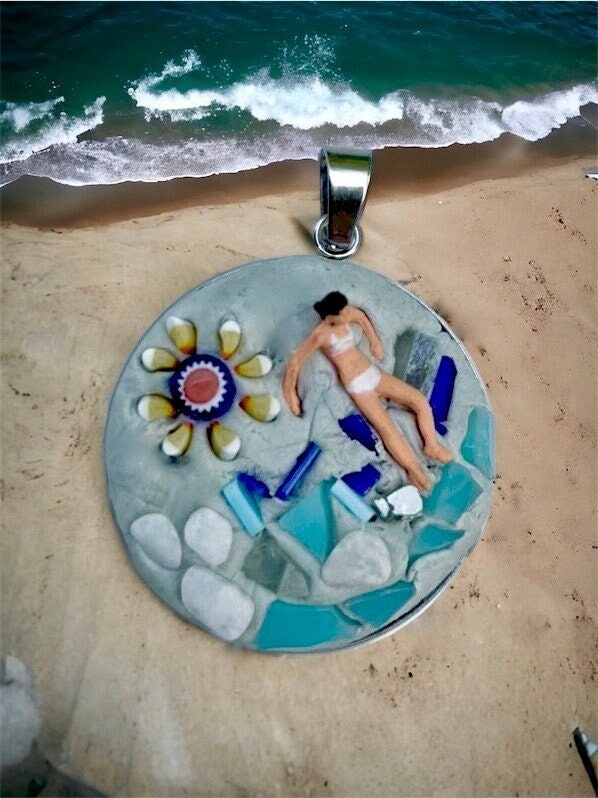 My own handmade micro mosaic glass millefiori necklace or pin - beach themed - one-of-a-kind
