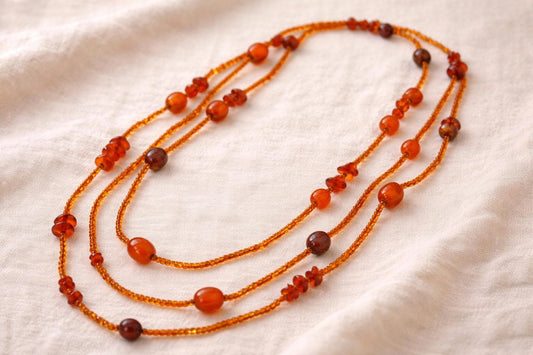 Vintage Orange Glass Bead Necklace – Long 3 Strand Beaded Statement Necklace – Amber Tone Layered Retro Jewelry