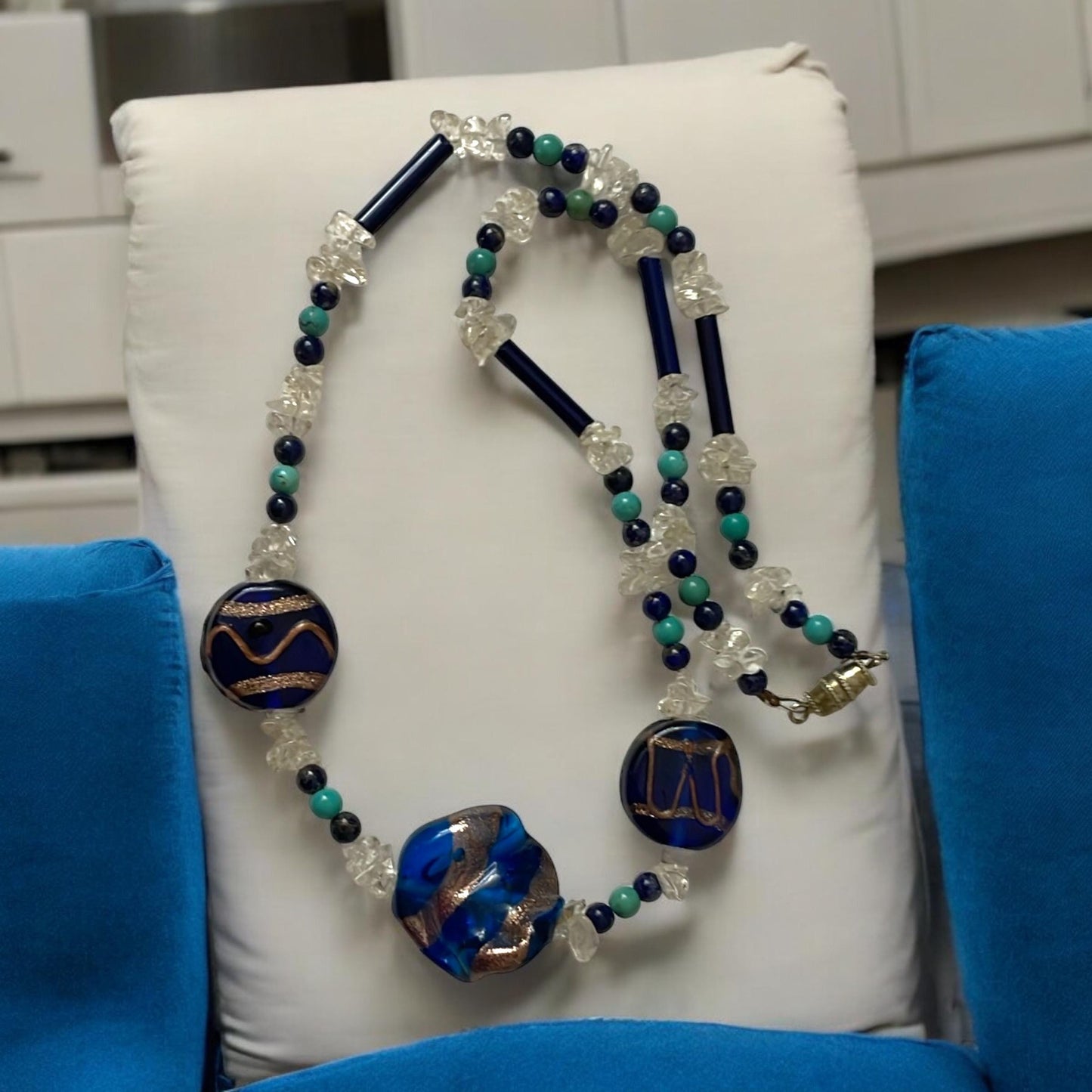 Cobalt blue art glass beaded necklace with semi precious stone chips, black tubes and turquoise/black beads