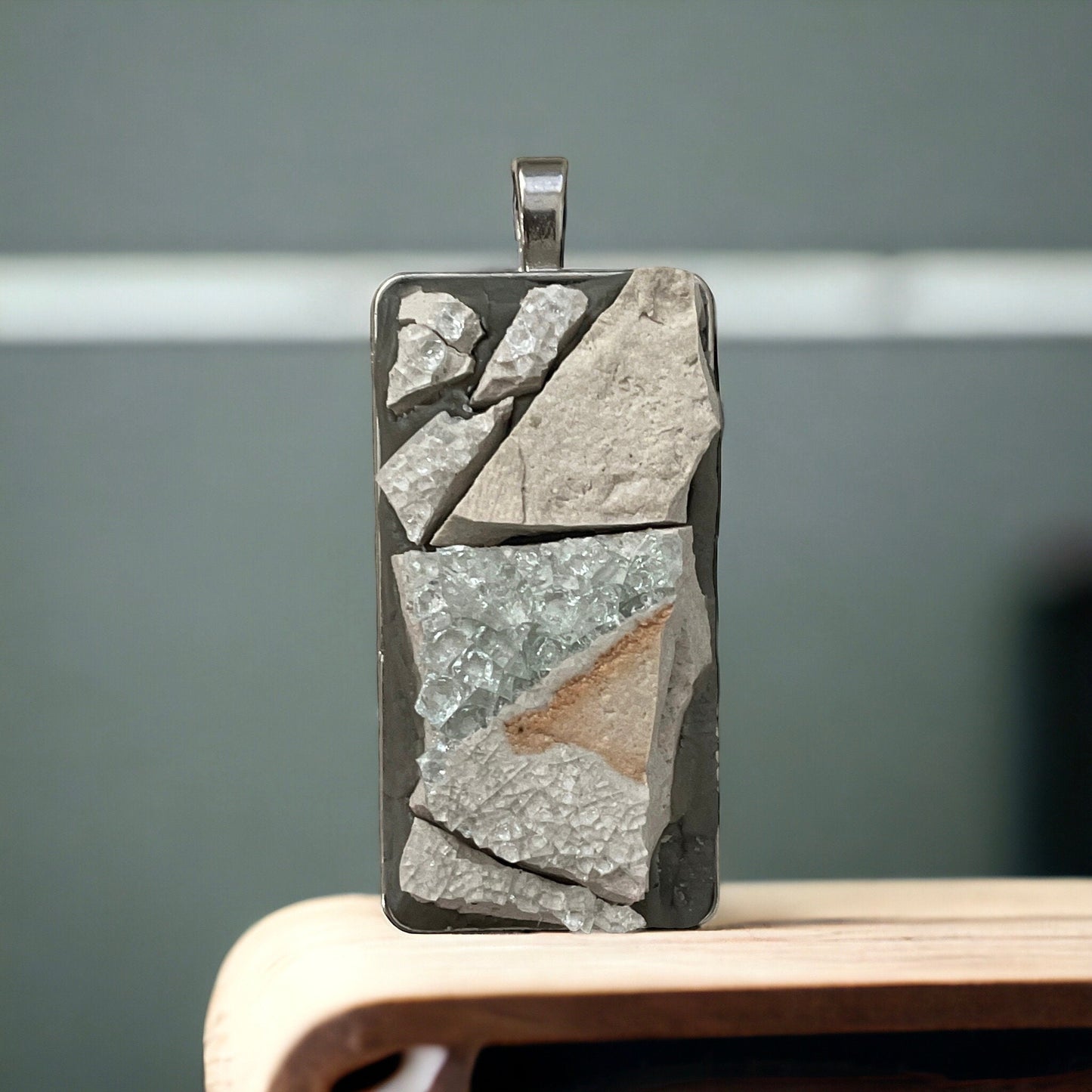 Handmade stone, cement and glass mosaic necklace - comes with a matching necklace chain