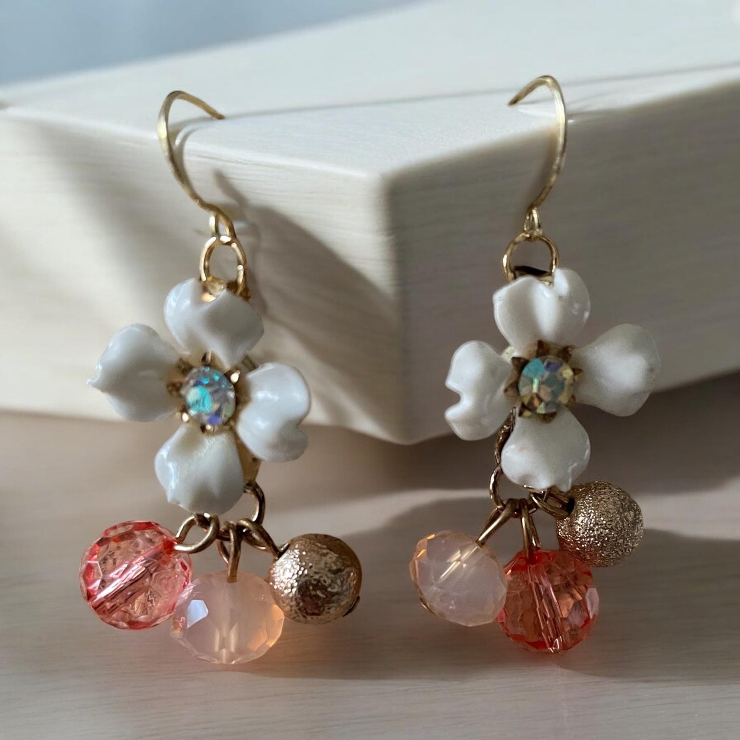 Charming little dangle earrings - white rhinestone studded vintage flower with pink and gold dangle beads