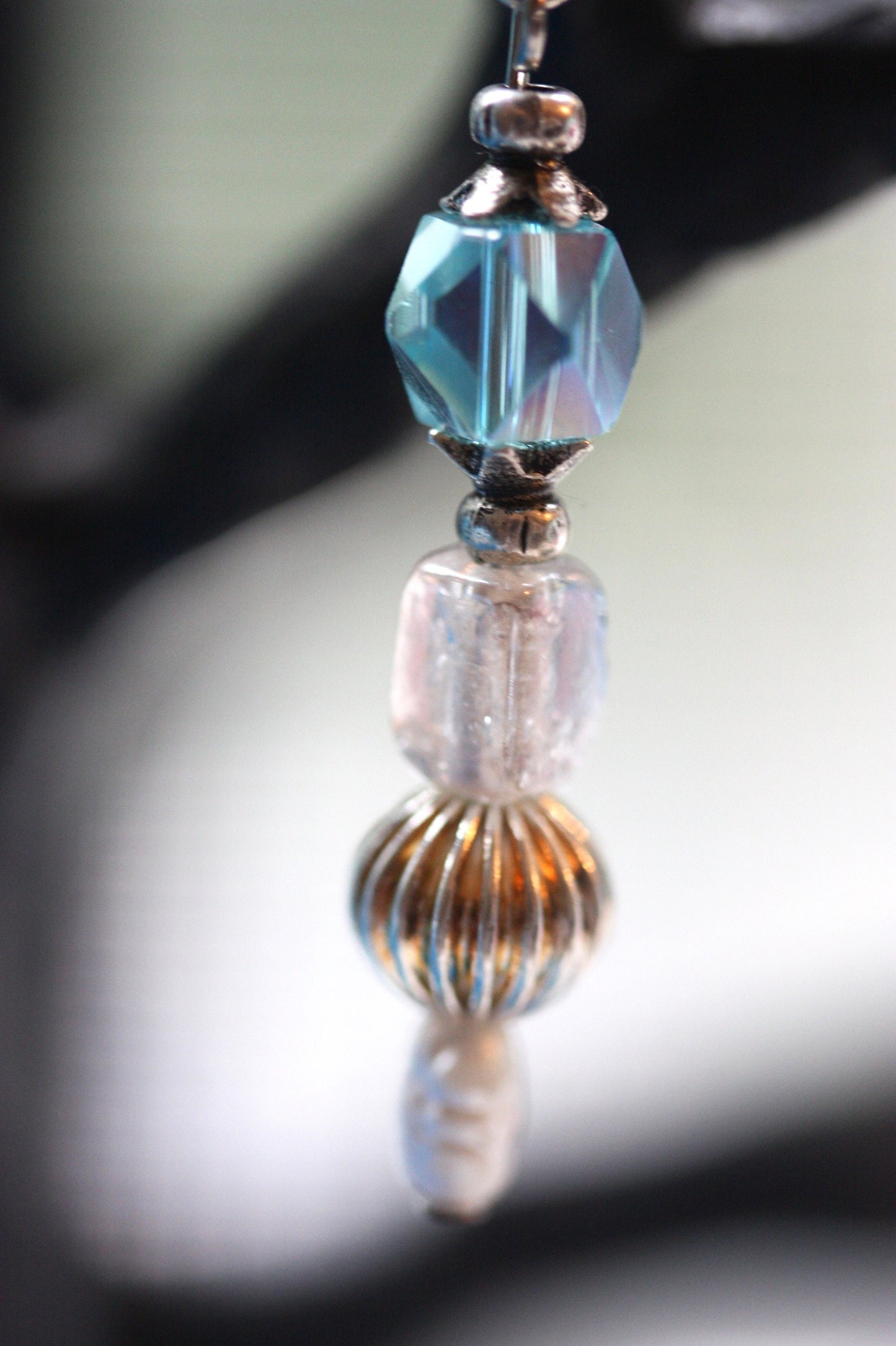 Blue crystal, pearl & uniquely shaped muted clear glass handmade dangle earrings