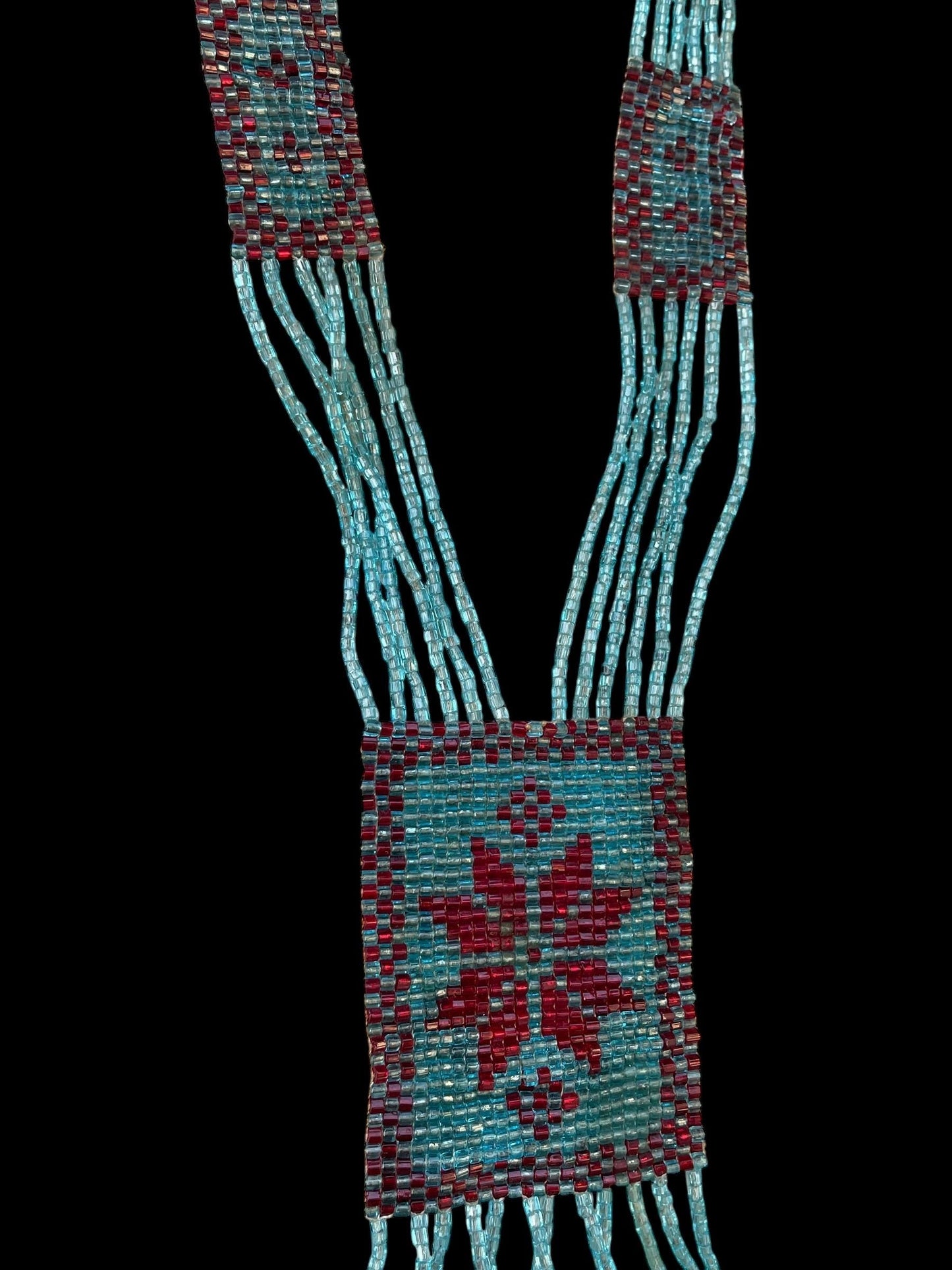 Stunning long multi-stranded vintage handmade all-beaded necklace - turquoise and red glass seed beads