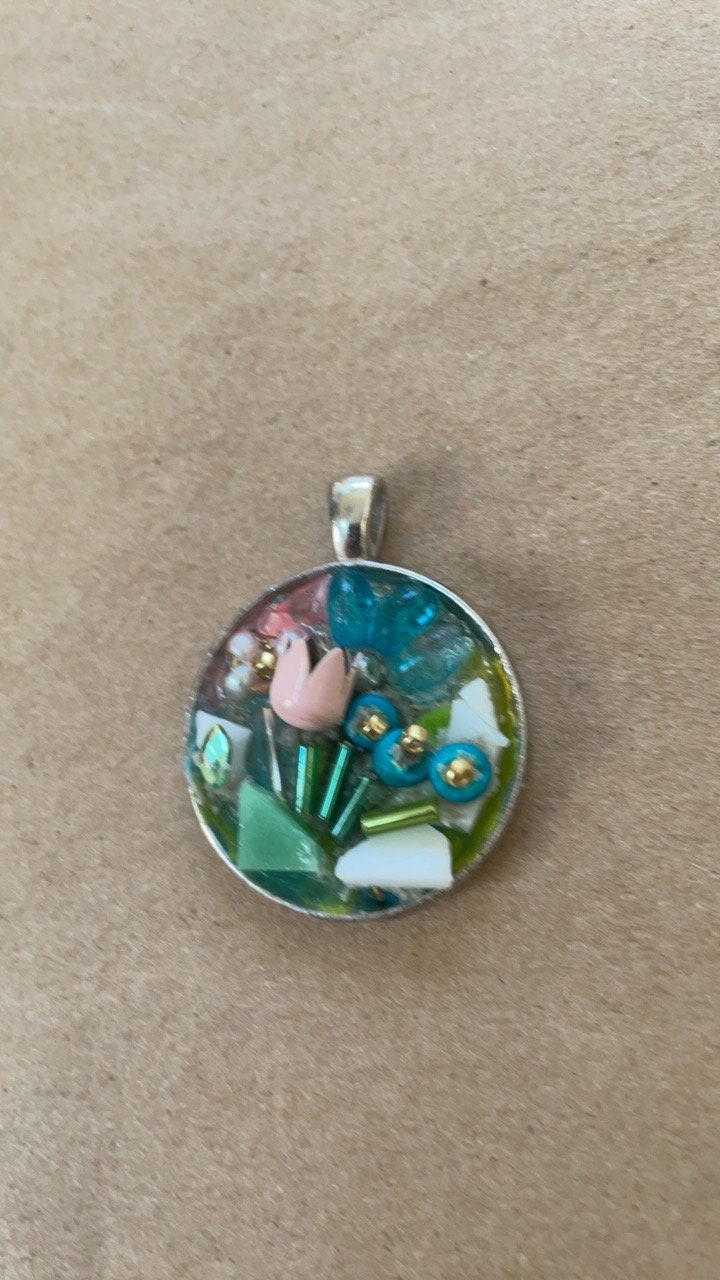 Flower garden necklace pendant - Mixed Material art collage, Mosaic, Assemblage art, sculpture