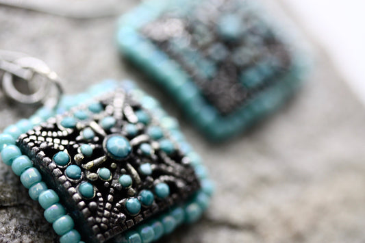 Small dangle handmade beadwork earrings - featuring vintage elements & high quality Czech glass seed beads