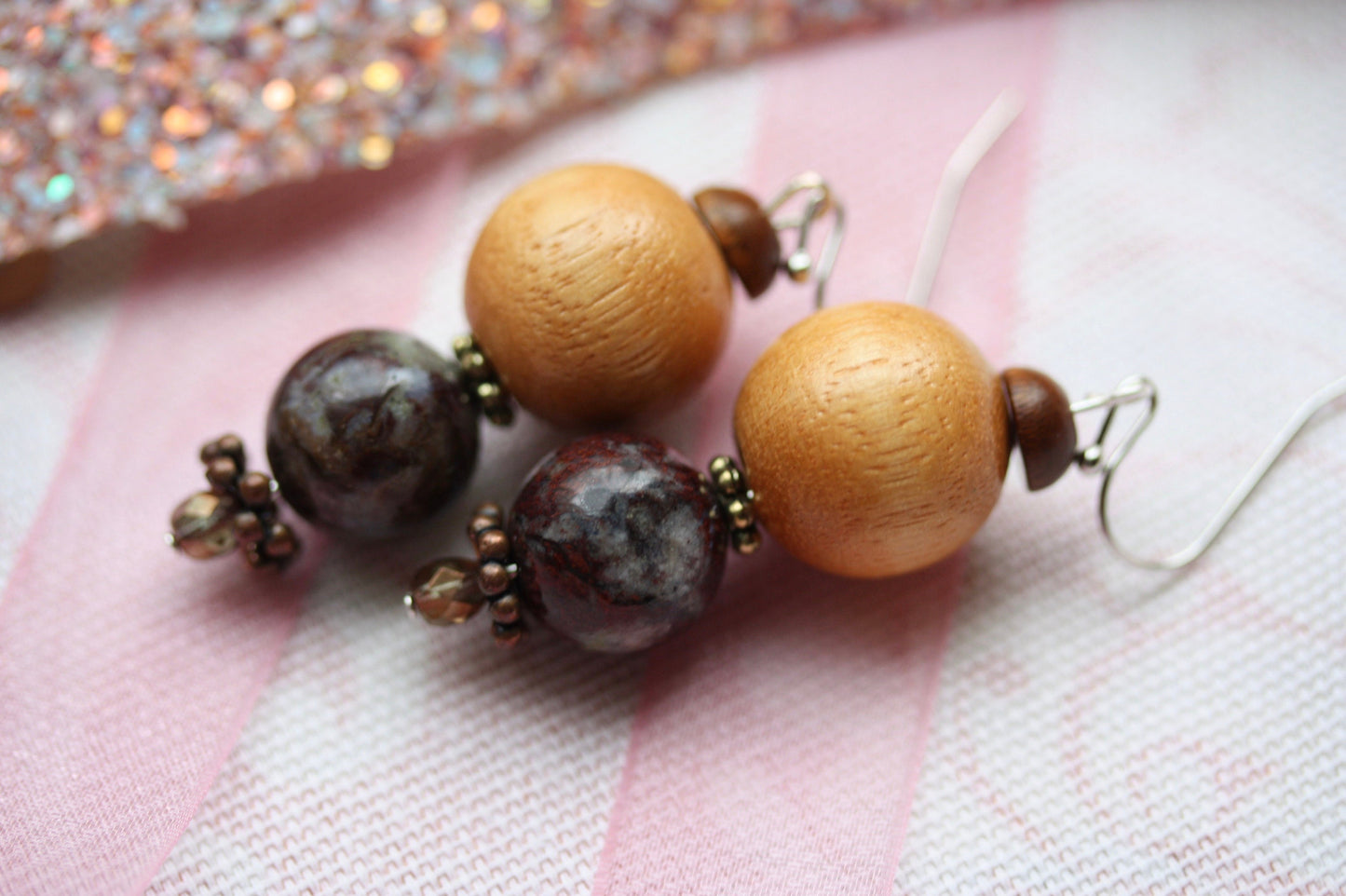 Marble and wood beaded handmade dangle earrings with vintage, upcycled and new elements