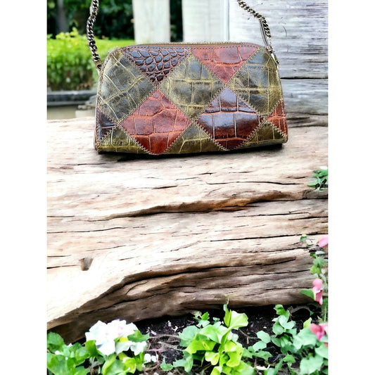 Embossed Croc Clutch – Stylish Patchwork Leather Bag with Zig Zag Stitch Detail