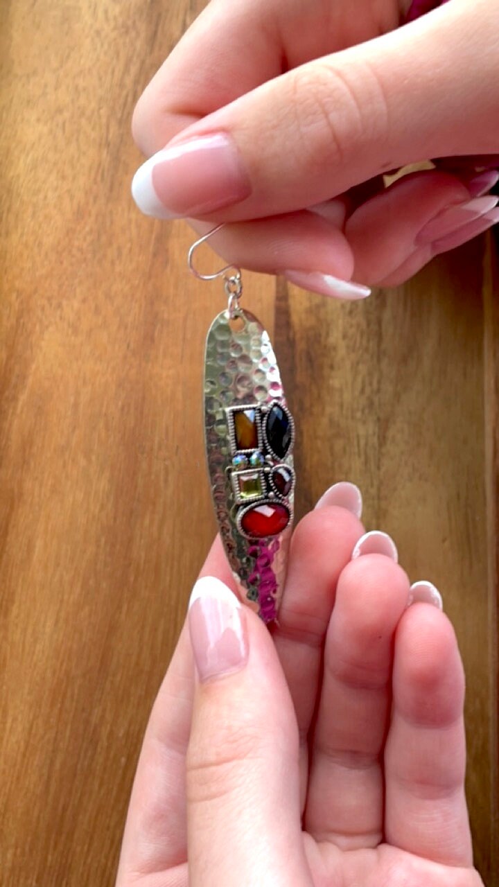 Hammered metal earrings with rhinestone studded mixed media collage