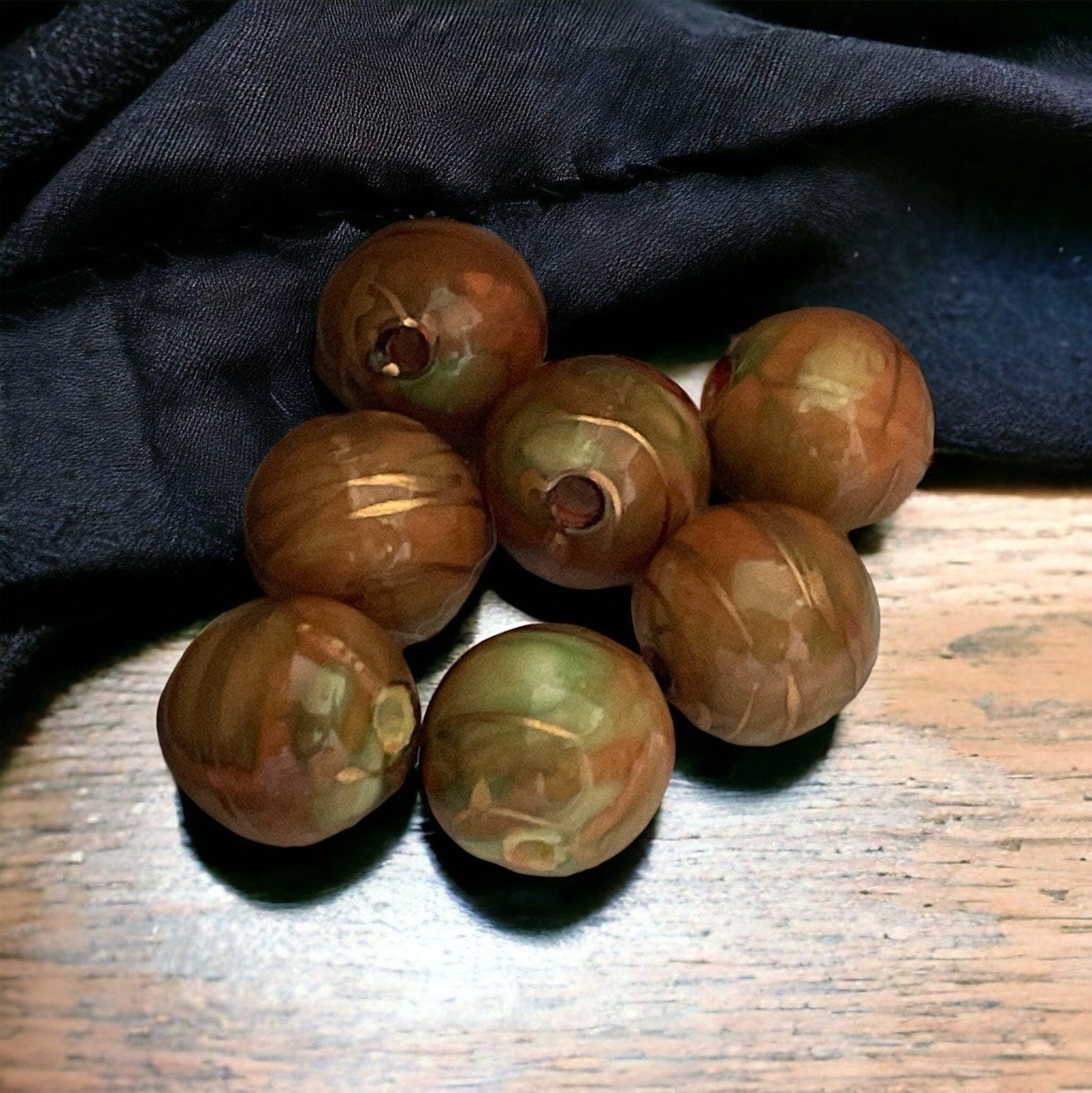 Unique orange, green and gold swirled 5 mm vintage beads - approx. 15 mm each