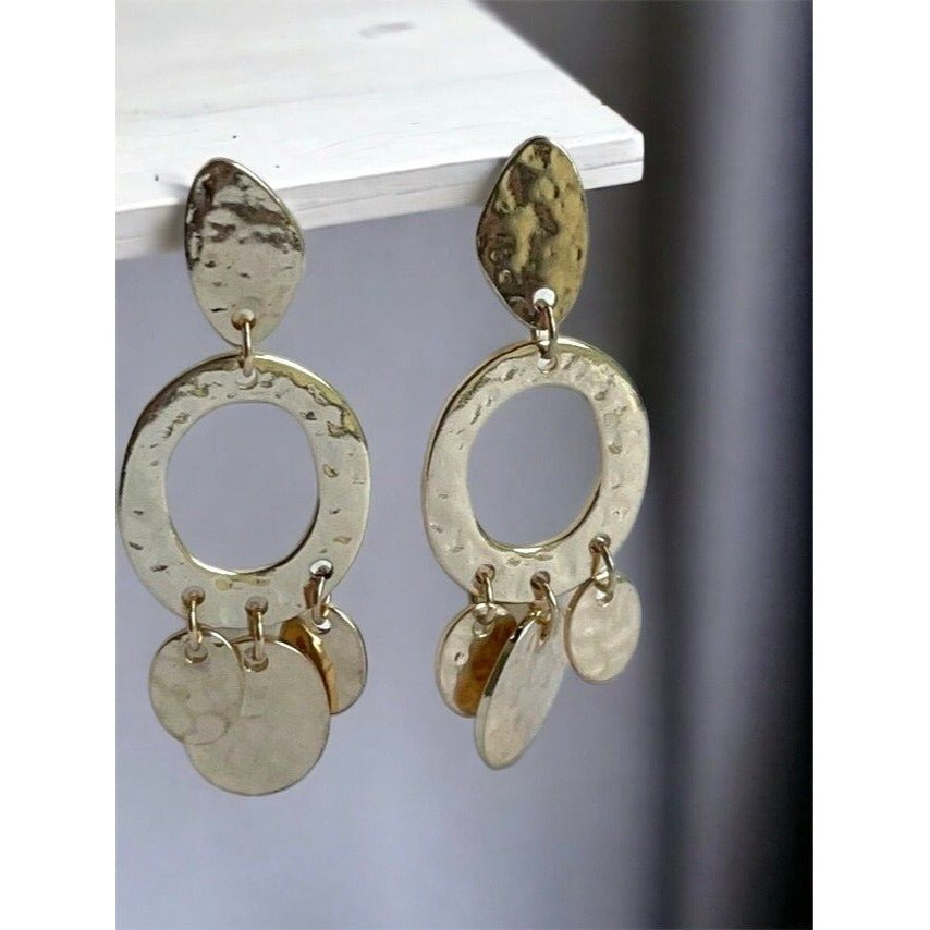 Stunning vintage hammered goldtone metal vintage hoop and dangle geometrical earrings