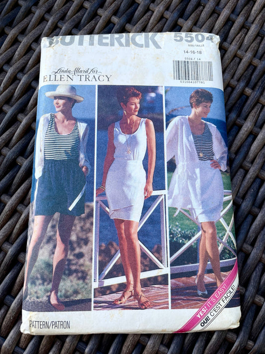 UNCUT Vintage Sewing Pattern - BUTTERICK 5504 Linda Allard for Ellen Tracy -Misses Jacket, TOP, Double wrap Skirt/Shorts Size 14, 16 and 18
