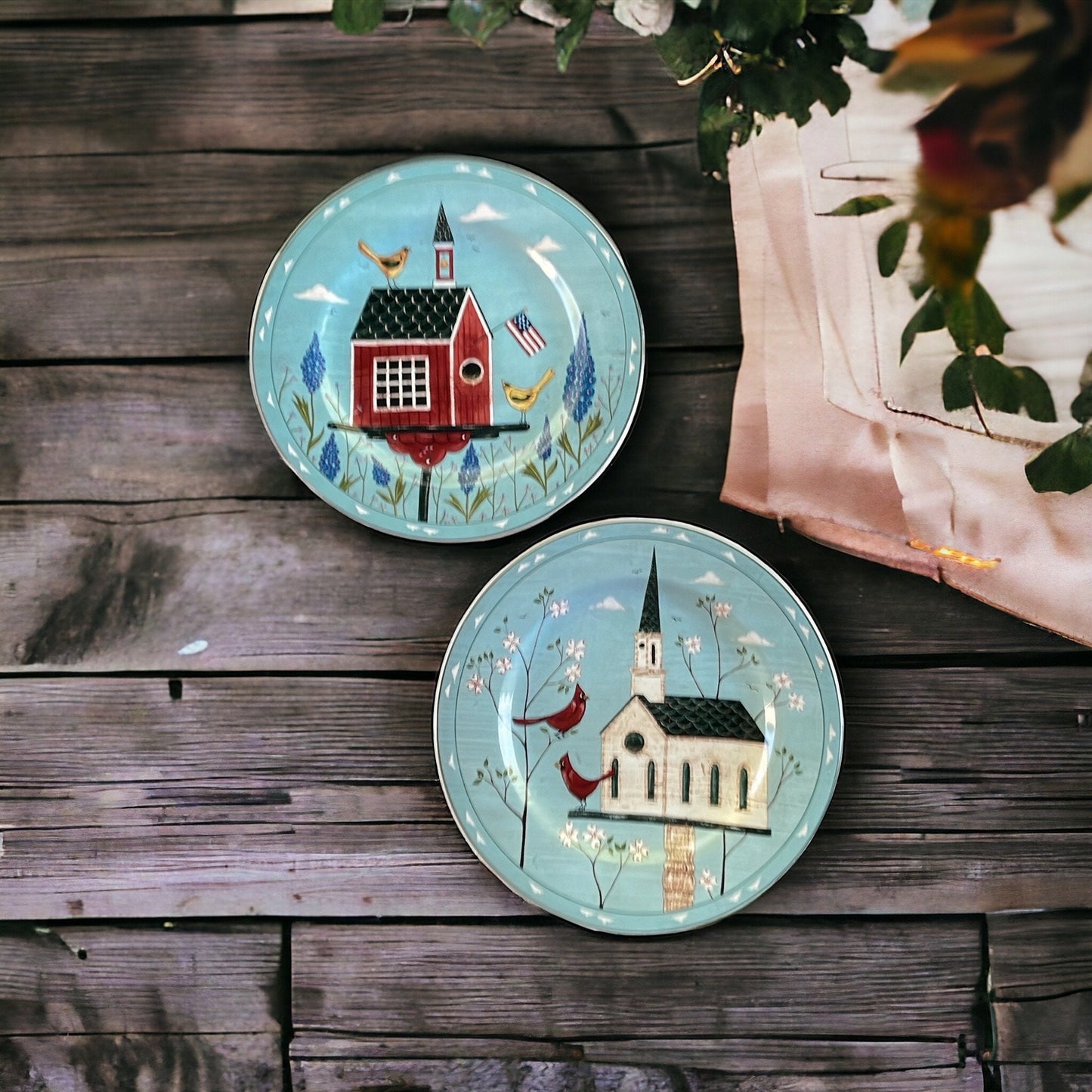 Pair of charming Warren Kimble Birdhouse Salad/dessert Plates - 8" each