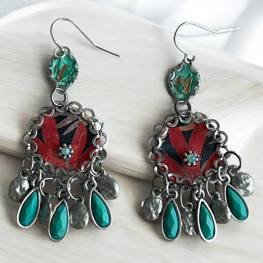 Red & turquoise mixed media earrings made with handmade paper, fabric, turquoise colored vintage dangles.  Sterling ear wires.