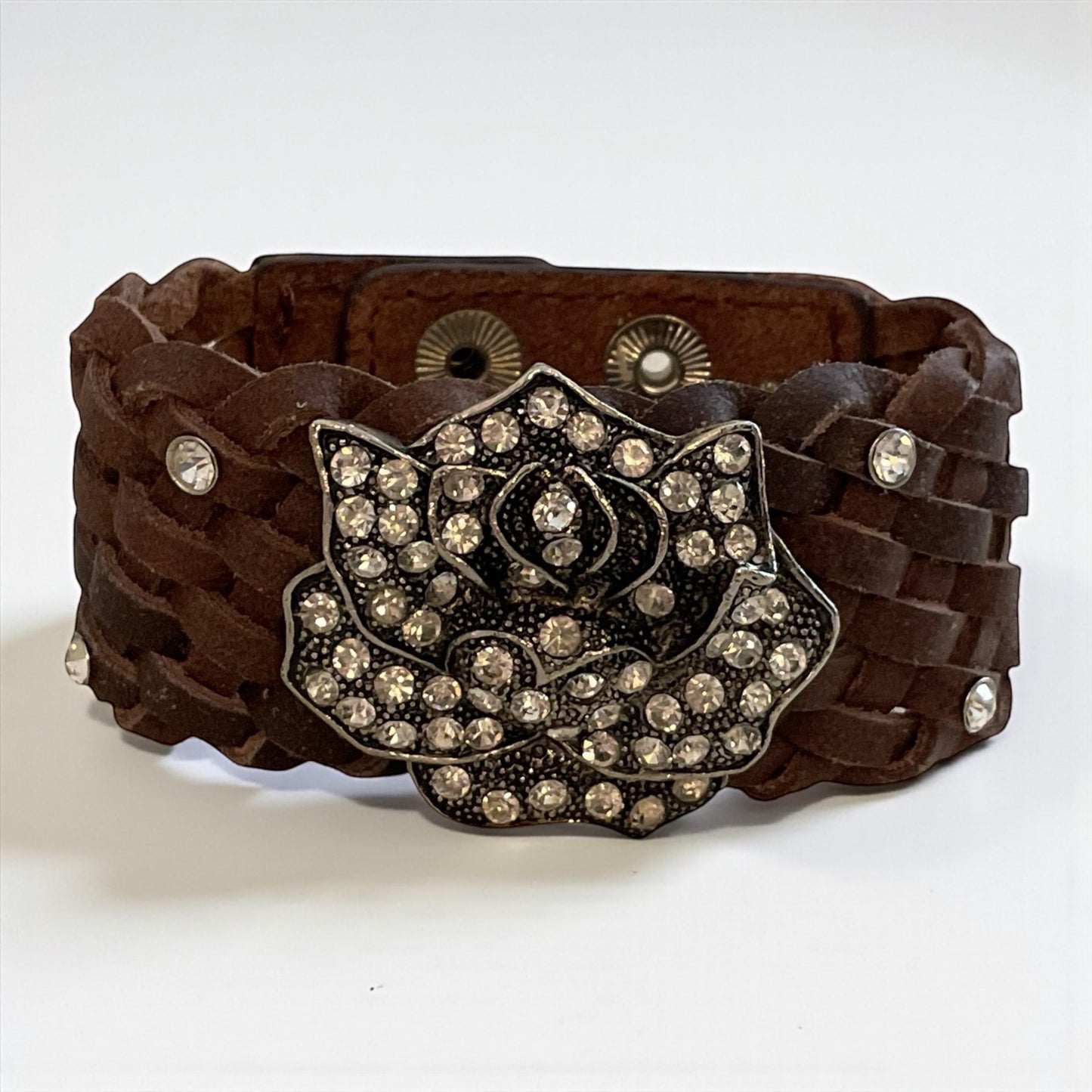 Charming Charlie Silver-Tone Leather Bracelet with Rhinestone Rose – Floral Statement Jewelry