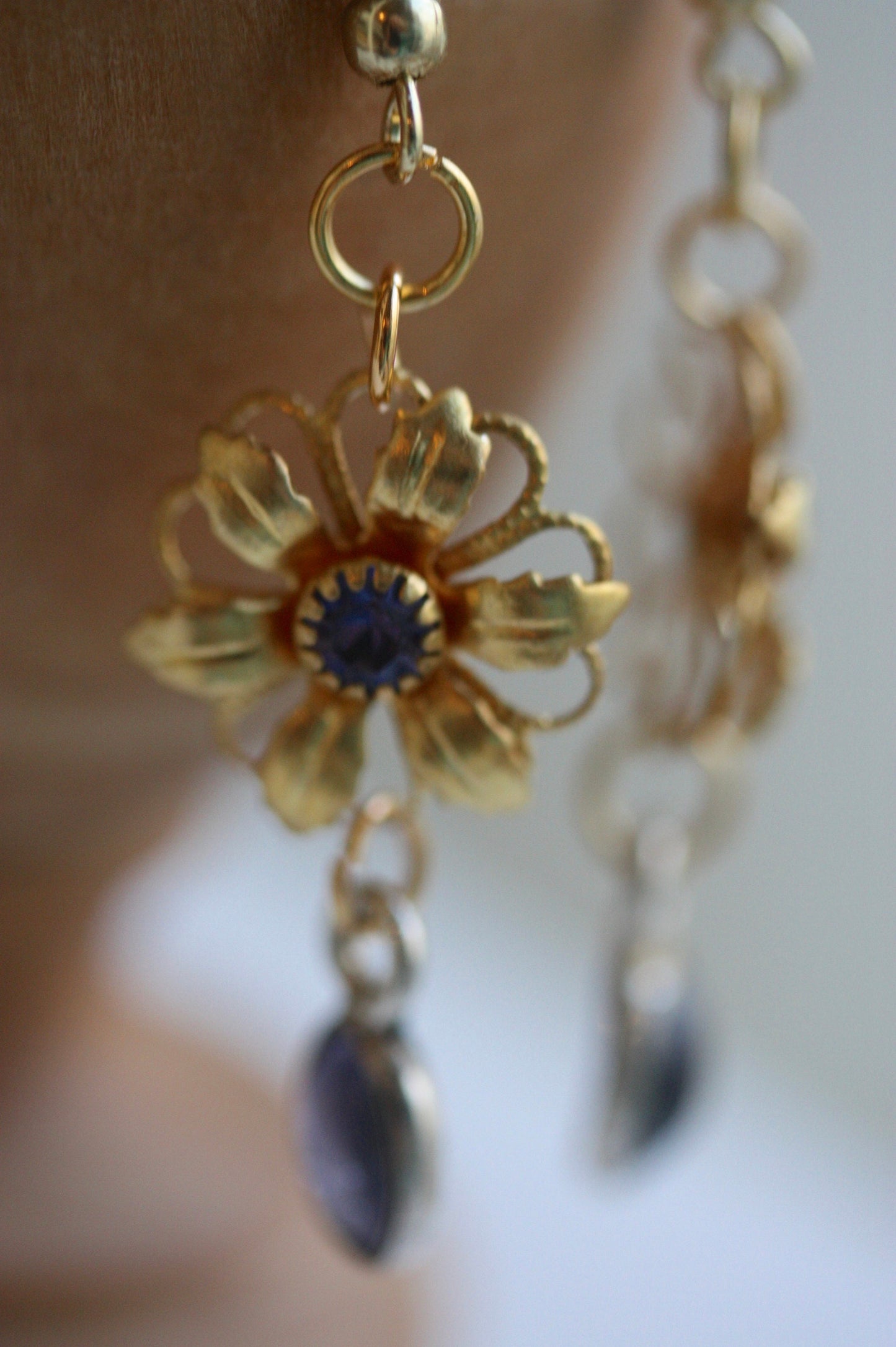 Handmade earrings - made up of vintage & new components - gold flowers with purple rhinestones and purple dangles
