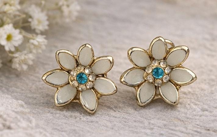Vintage 1950s Flower Earrings – Cream Enamel & Aqua Rhinestone – Gold Tone Screw Back – Retro Spring Floral Jewelry