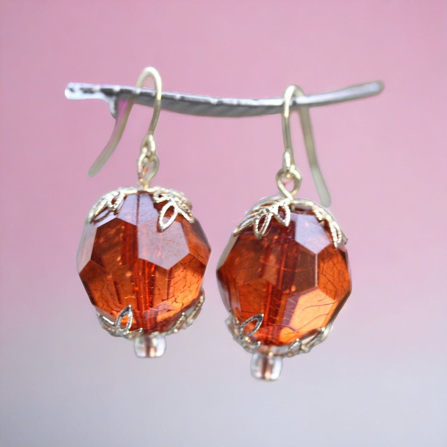 Simple gold faceted crystal dangle earrings with upcycled vintage gold leaf bead caps