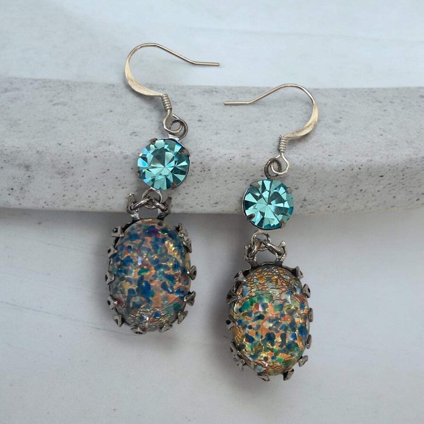 Blue opal? dangle earrings with turquoise rhinestones - please read description