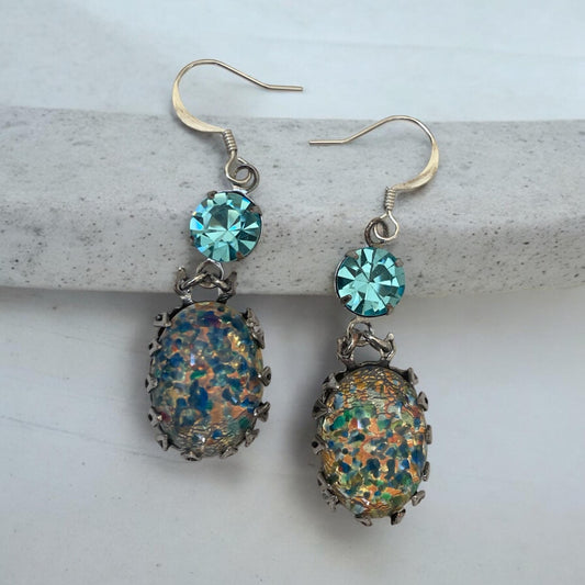 Blue opal? dangle earrings with turquoise rhinestones - please read description