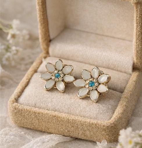 Vintage 1950s Flower Earrings – Cream Enamel & Aqua Rhinestone – Gold Tone Screw Back – Retro Spring Floral Jewelry