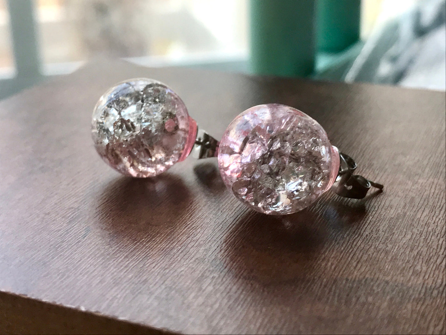Pink shades of crackle glass upcycled vintage stud earrings
