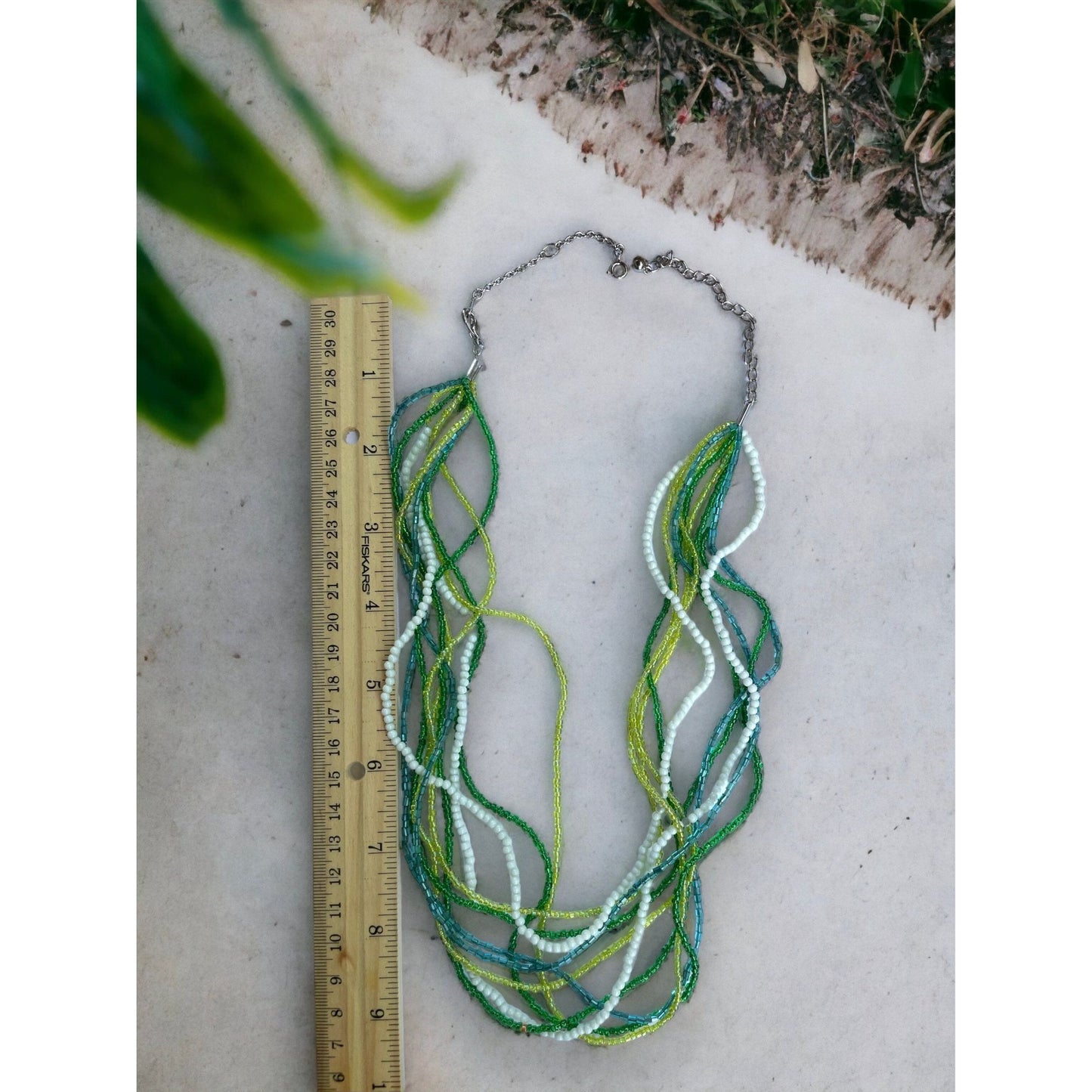 Shades of green, turquoise and white multi stranded vintage beaded necklace