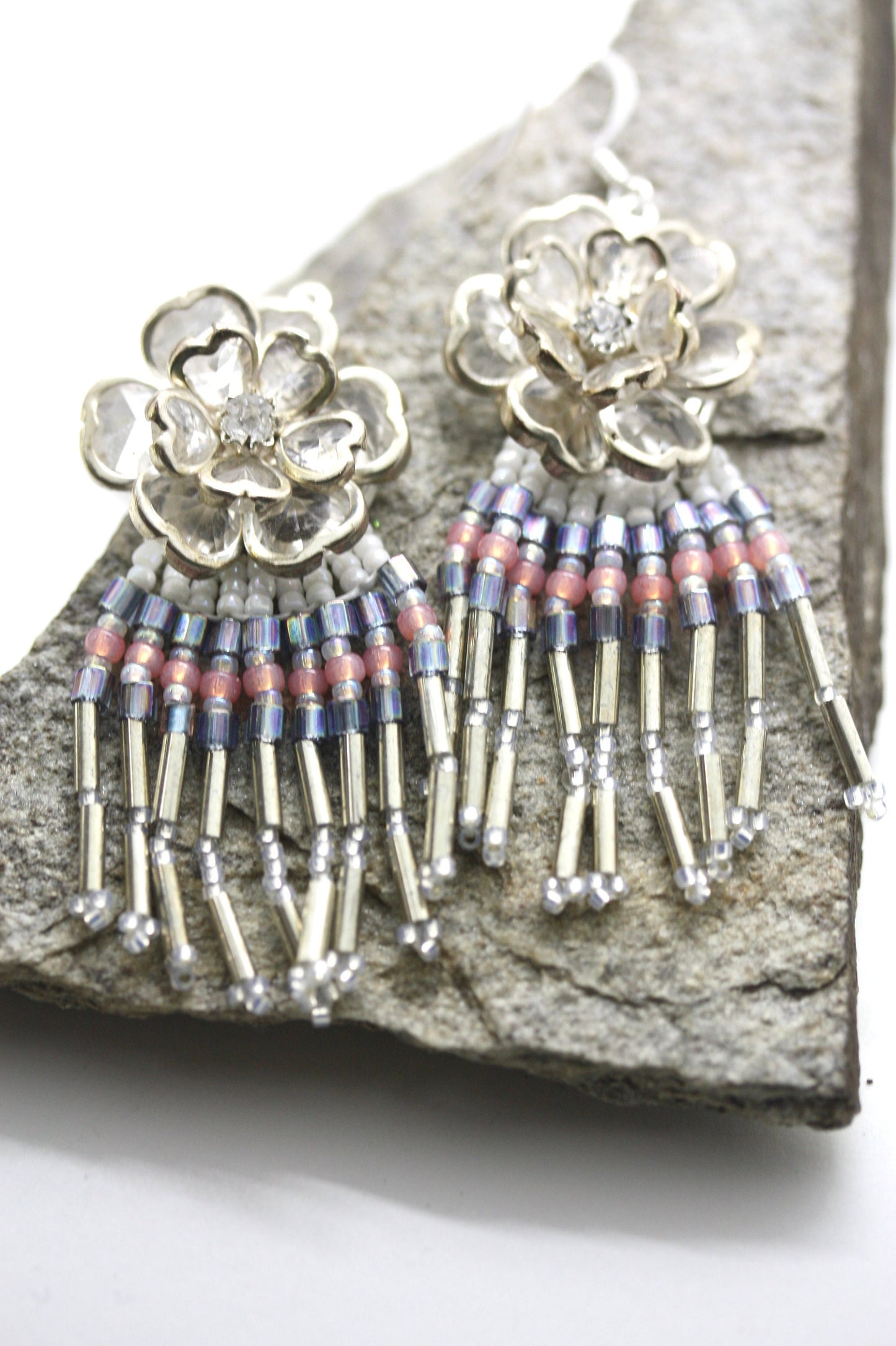 Hand beaded Native-American-Style stunning dangle beadwork earrings - with crystal flowers