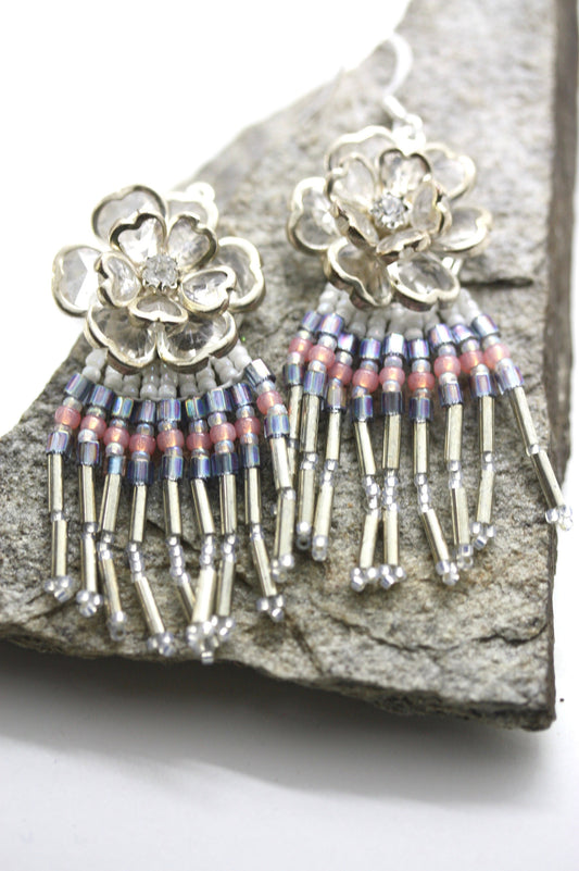 Hand beaded Native-American-Style stunning dangle beadwork earrings - with crystal flowers