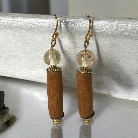 Tubular vintage wood and muted clear glass handmade dangle earrings