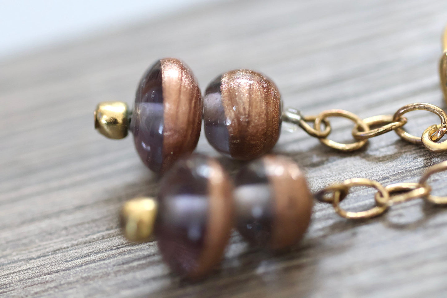 Deep purple and gently sparkled copper art glass vintage dangle earrings