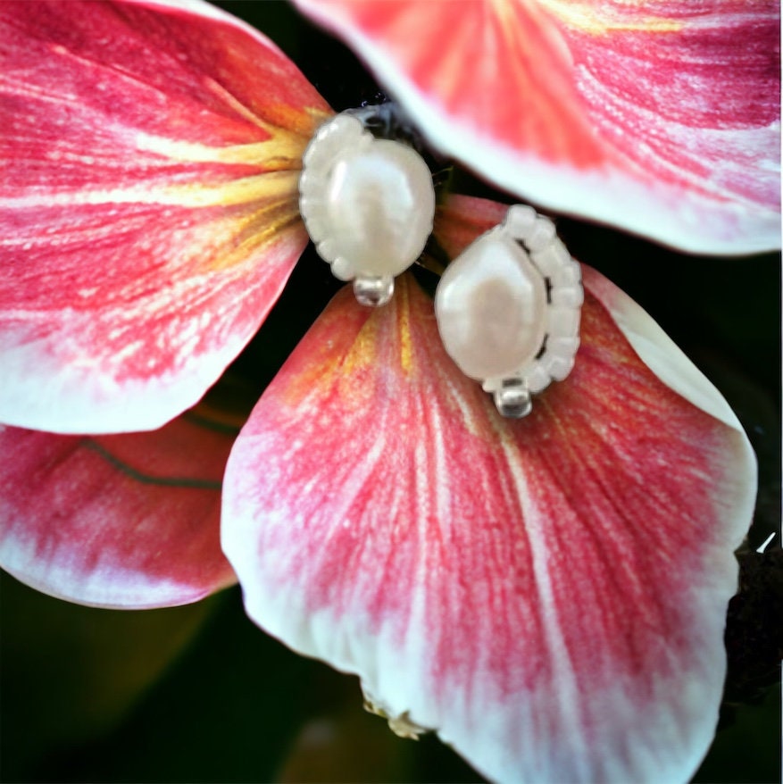 Stunning baroque pearl stud earrings with tiny intricate beadwork - sterling silver ear wires