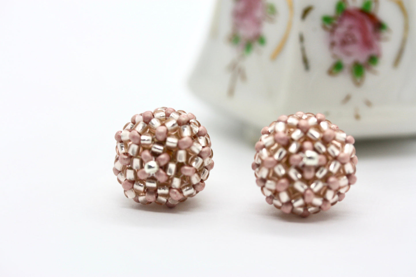 Handmade beaded bead stud earrings - approx. 3/4 of an inch - pink, wedding earrings, summer earrings
