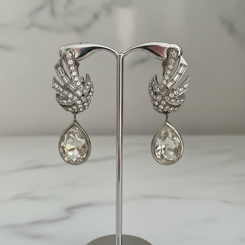 Vintage Rhinestone Teardrop Clip On Earrings | Silver Tone Art Deco Statement Dangle Jewelry