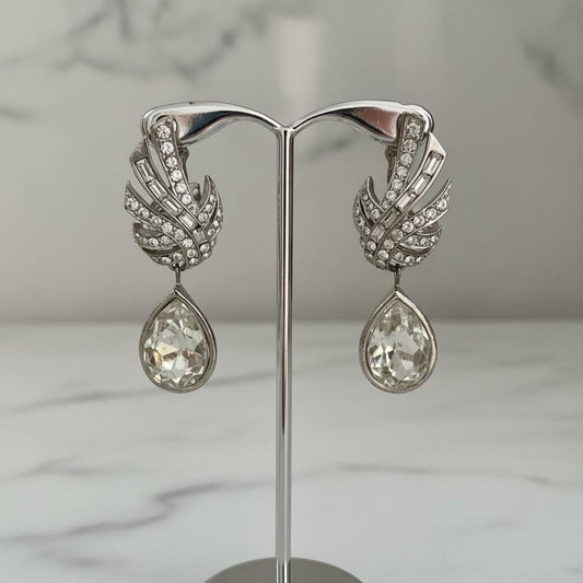 Vintage Rhinestone Teardrop Clip On Earrings | Silver Tone Art Deco Statement Dangle Jewelry