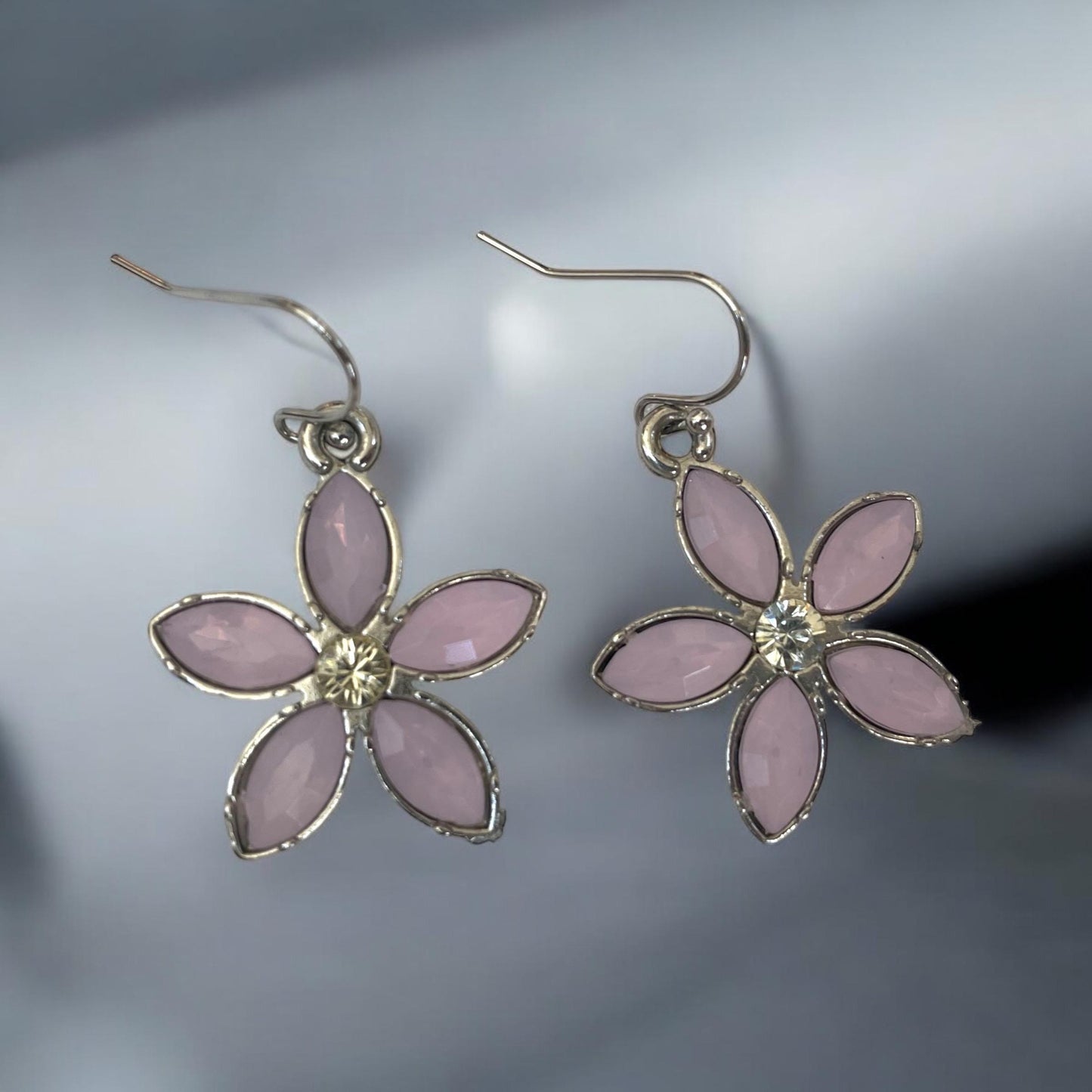 Light pink rhinestone floral dangle earrings