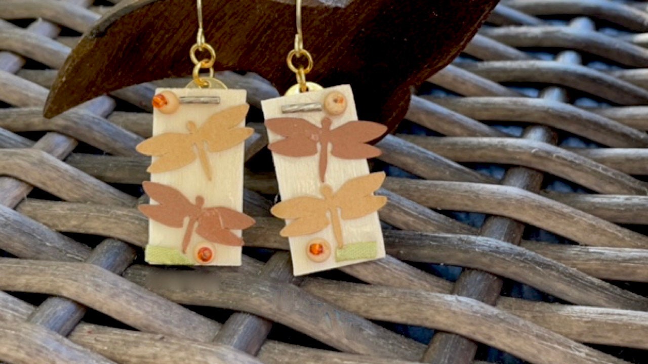 Mixed material dragonflies collage handmade dangle earrings - wood, metal, glass, paper and more