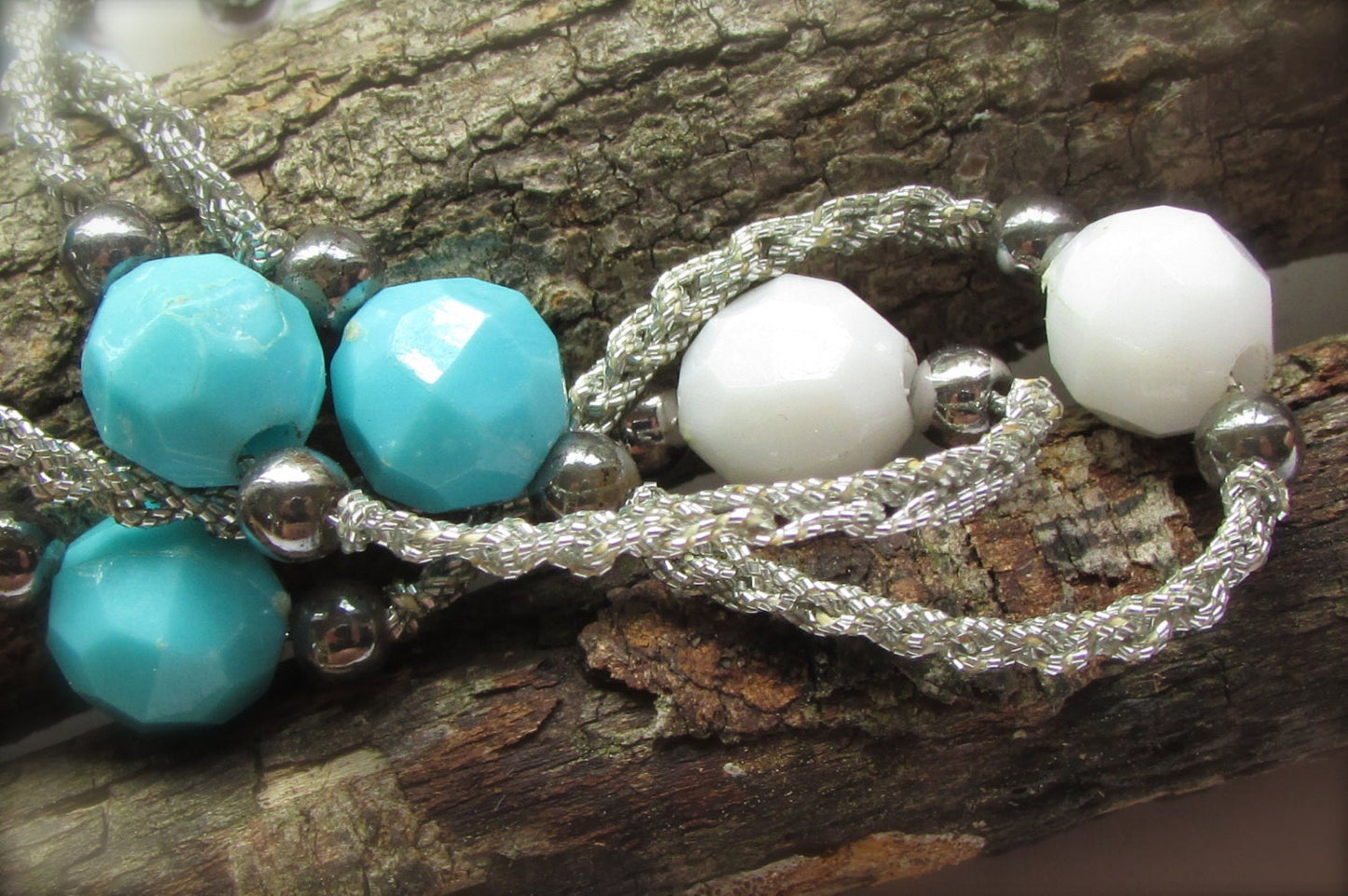 Blue & white beaded vintage necklace on tiny crocheted silvery thread