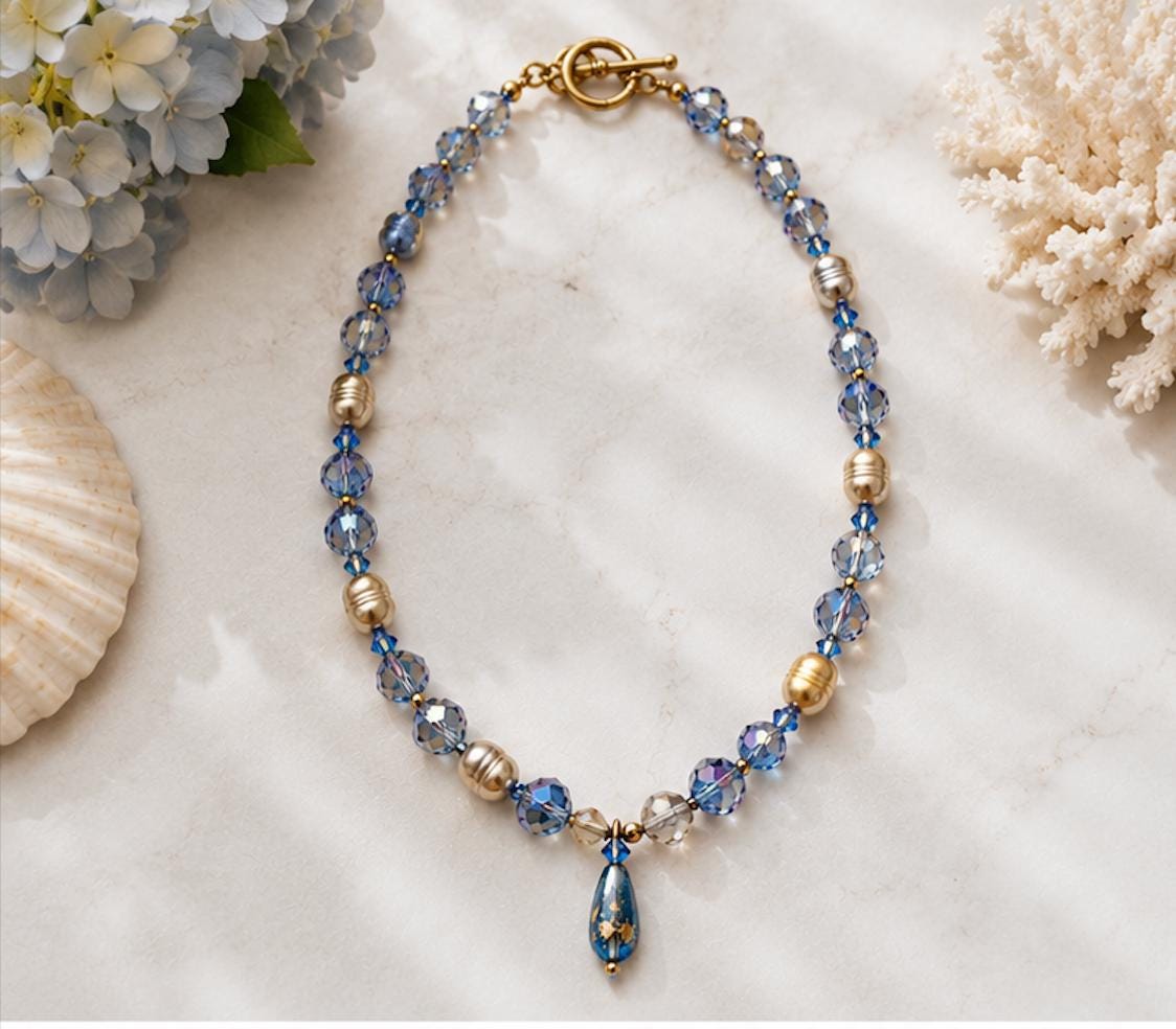 Vintage Artisan Crystal & Freshwater Pearl Necklace | Blue AB Crystal Teardrop Pendant | Elegant 18" Statement Necklace