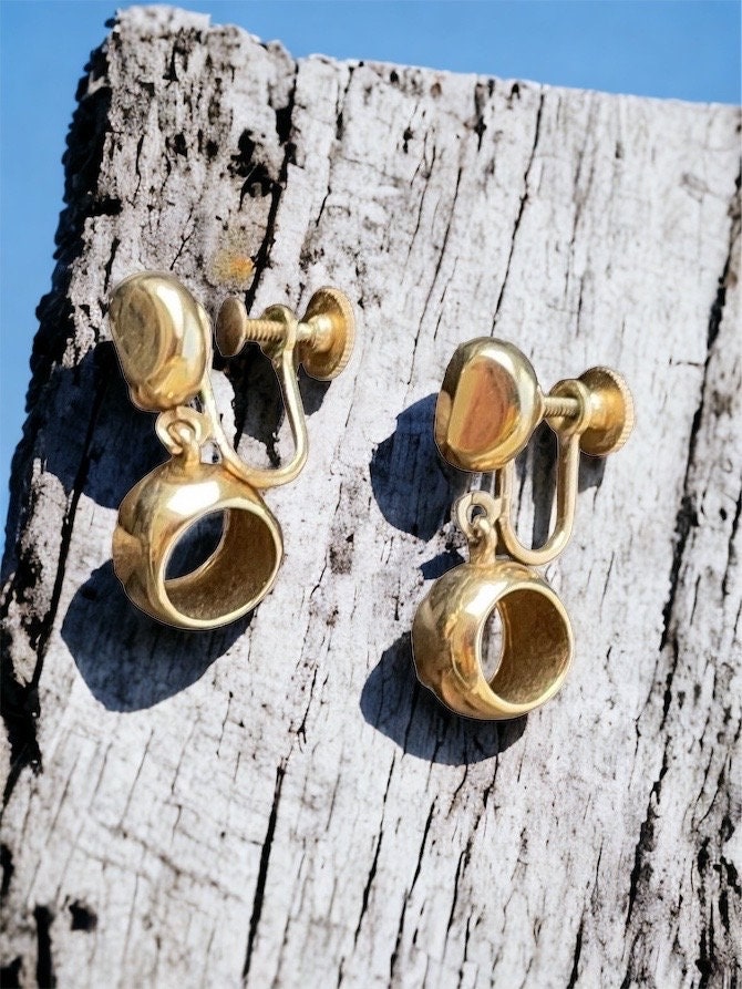 Unique gold hollowed small hoop dangle earrings - screwback clip earrings