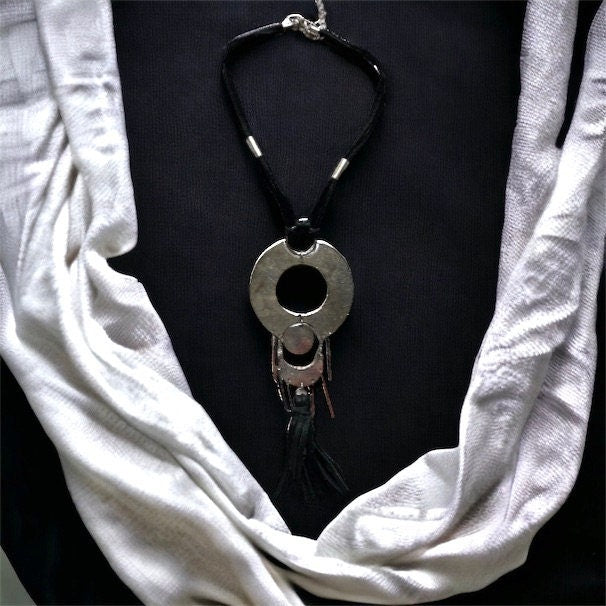 Unique vintage necklace with black suede and silvertone metal