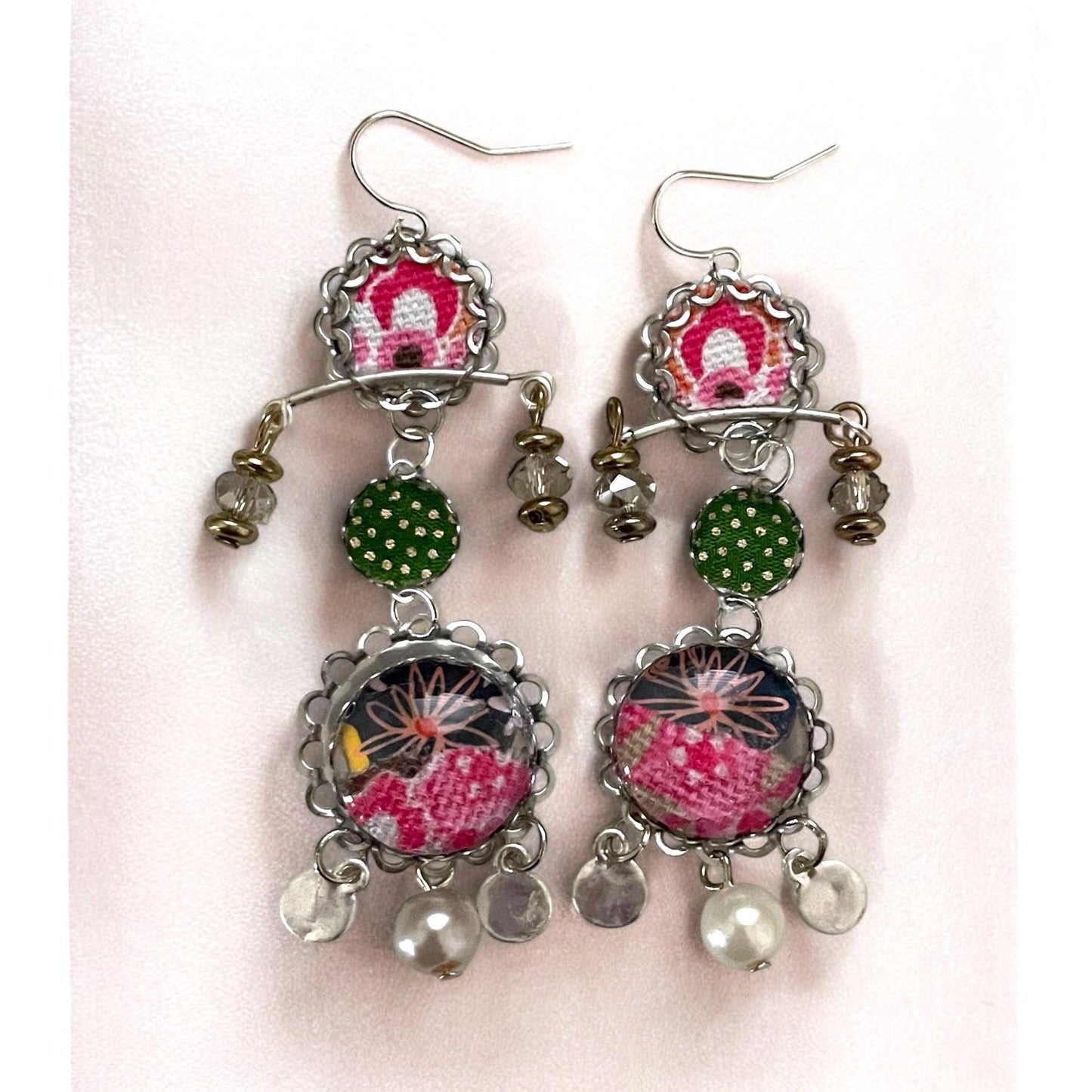 Handmade mixed media earrings made with fabric, paper, hammered metal, mixed metals, crystals and faux pearls.  Sterling ear wires.