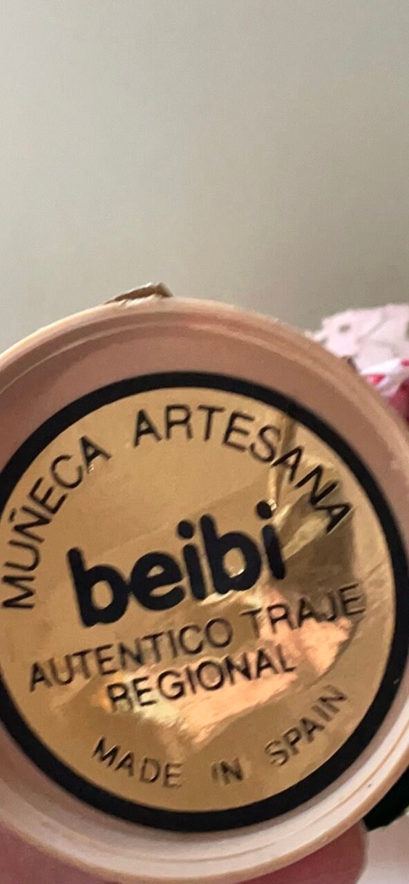 Vintage signed Muneca Artesana Beibi doll figurine - Made in Spain - holding wicker basket with miniature fruit